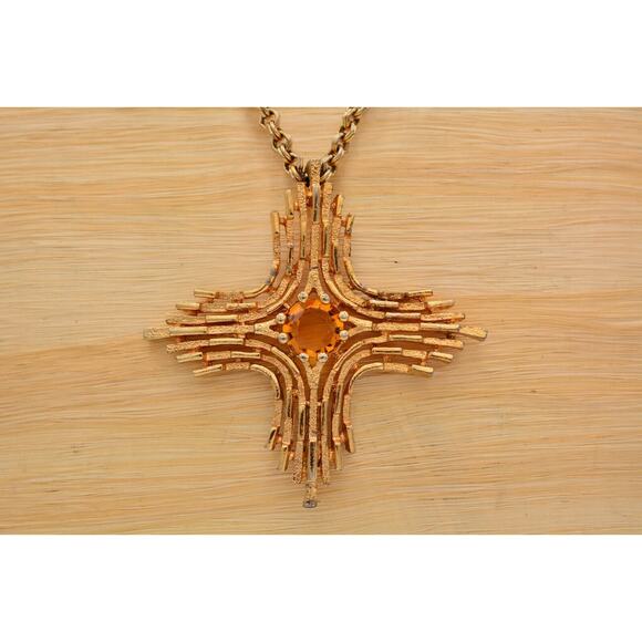 Sarah Cov Vintage Cross Necklace Pendant Orange Open Bezel Crystal Signed Bin3C - Picture 2 of 12